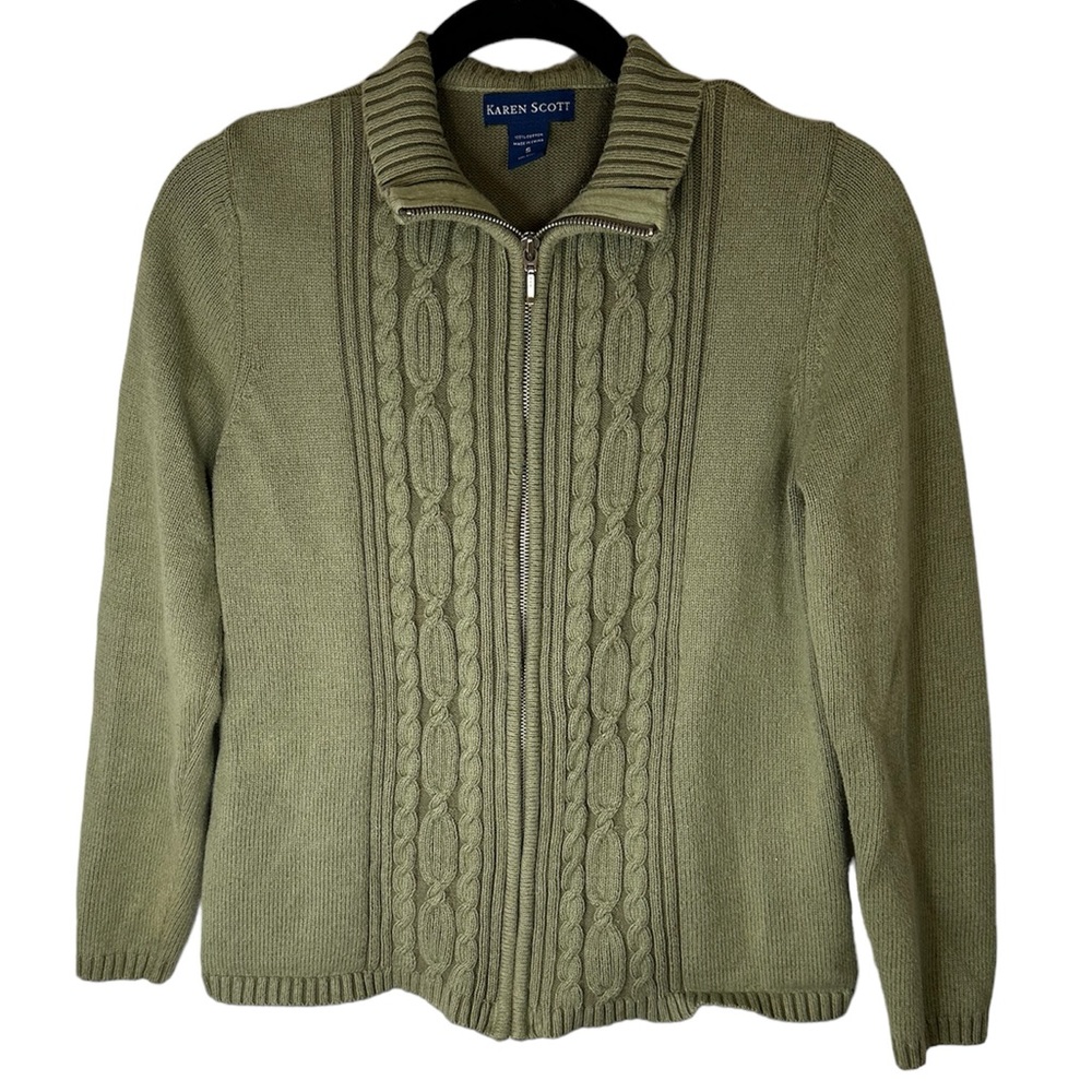 Karen Scott - Cable Knit Sweater Green Small Zip Up